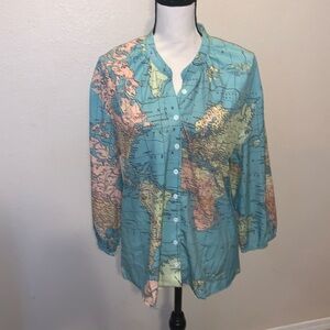 NWT Ladies Top Blouse Geography Map World Travel Theme Teacher